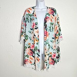 Pink Blush aqua with floral print & lace fly away oversized cardigan S